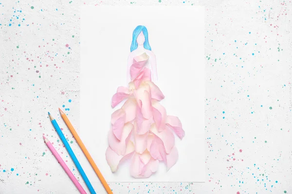 Drawn Woman Dress Made Rose Petals Light Background — Stock Photo, Image