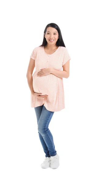 Zwangere Aziatische Vrouw Witte Achtergrond — Stockfoto