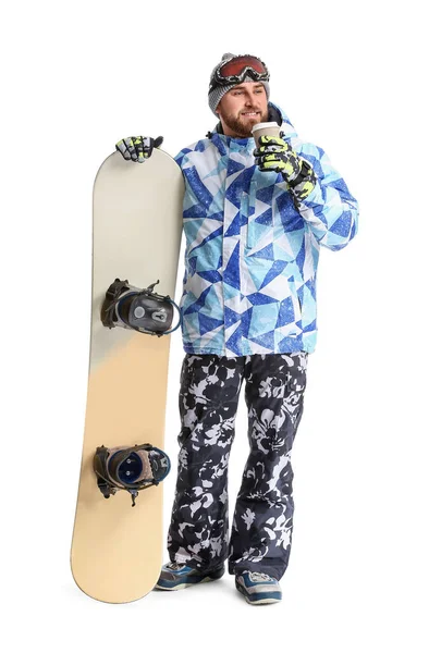 Man Snowboarder Met Koffie Witte Achtergrond — Stockfoto