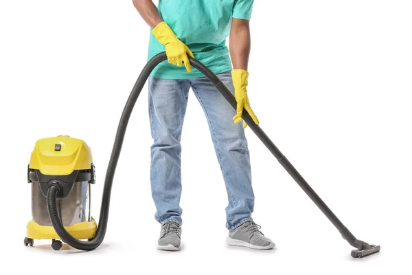African American Man Vacuum Cleaner White Background — Stock Photo, Image