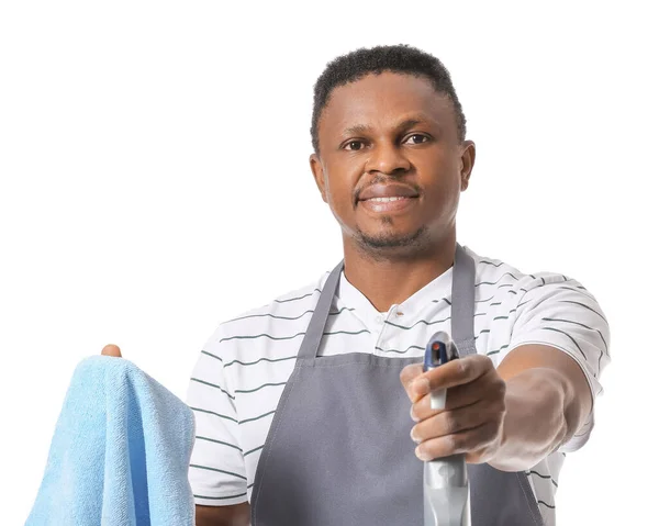 Hombre Afroamericano Con Artículos Limpieza Sobre Fondo Blanco —  Fotos de Stock