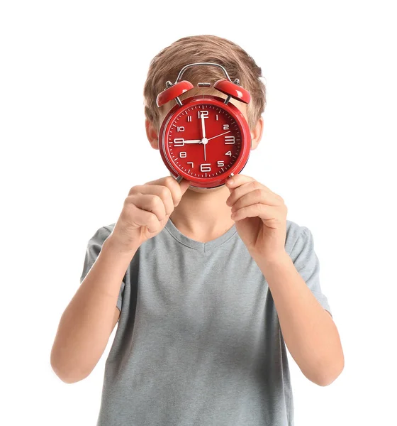 Little Boy Alarm Clock White Background — Stock Photo, Image