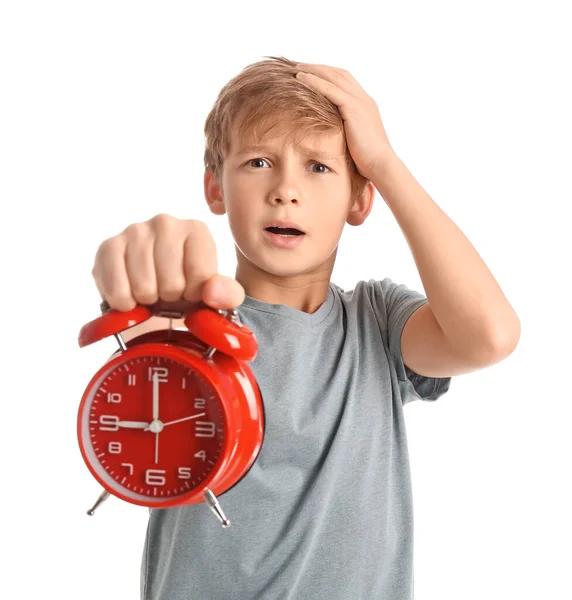 Emotional Little Boy Alarm Clock White Background — Stock Photo, Image