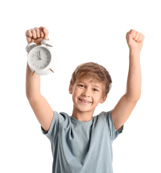 Happy Little Boy Alarm Clock White Background — Stock Photo, Image