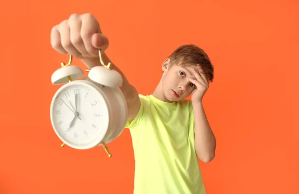 Emotional Little Boy Alarm Clock Color Background — Stock Photo, Image