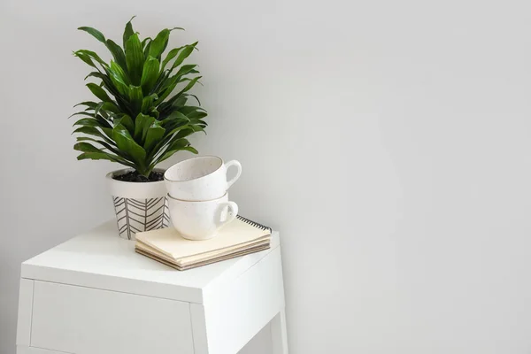 Houseplant Notebooks Cups Table Light Wall — Stock Photo, Image