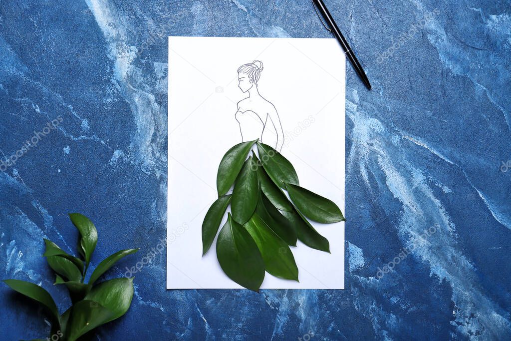 Drawn woman in dress made of green leaves on color background