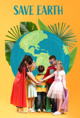 Gezegenin yakınındaki renkli arkaplanda süper kahraman gibi giyinmiş şirin çocuklar. Dünya Günü kutlaması