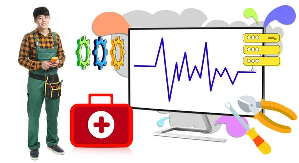 Computer Reparateur Met Moderne Monitor Witte Achtergrond — Stockfoto