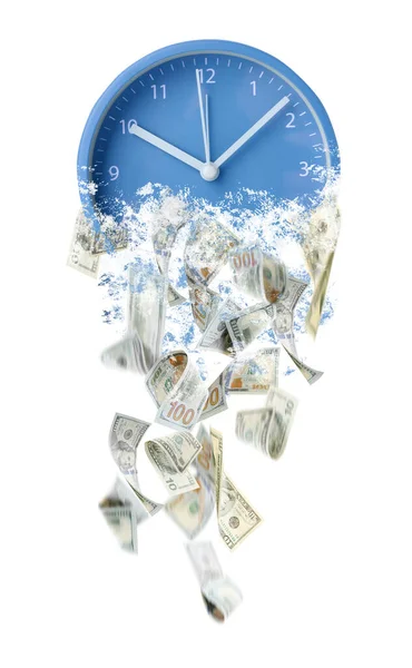 Crumbling Clock Flying Dollar Banknotes White Background — Stock Photo, Image