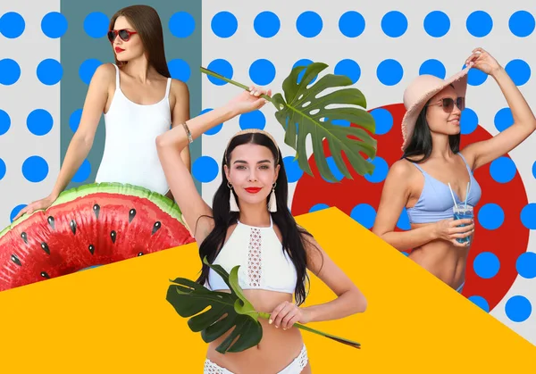 Collage Hermosas Mujeres Jóvenes Trajes Baño Con Estilo Sobre Fondo — Foto de Stock