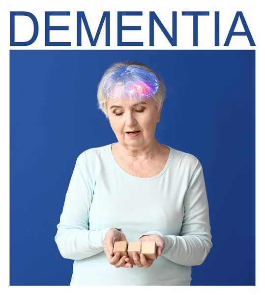 Elderly Woman Suffering Mental Disability Cubes Color Background — Stock Photo, Image
