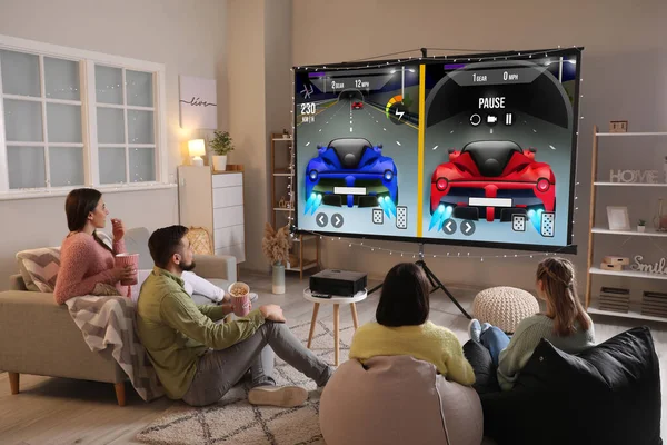 Friends Playing Video Games Big Screen Home — Stock Photo, Image