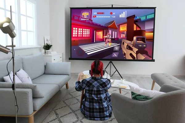 Young Woman Playing Video Games Big Screen Home — Stock Photo, Image