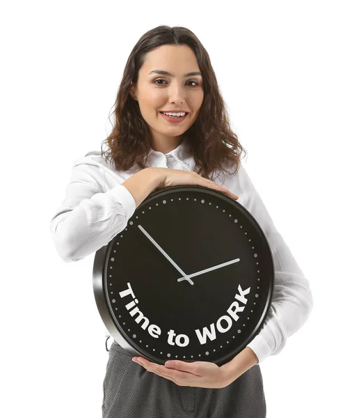 Empresaria Sosteniendo Reloj Con Texto Tiempo Trabajo Sobre Fondo Blanco — Foto de Stock