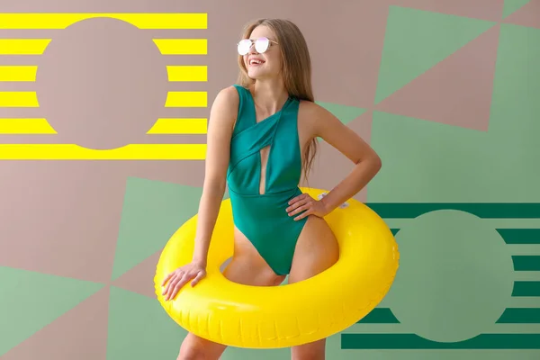 Beautiful Young Woman Stylish Swimsuit Inflatable Ring Color Background — Stock Photo, Image