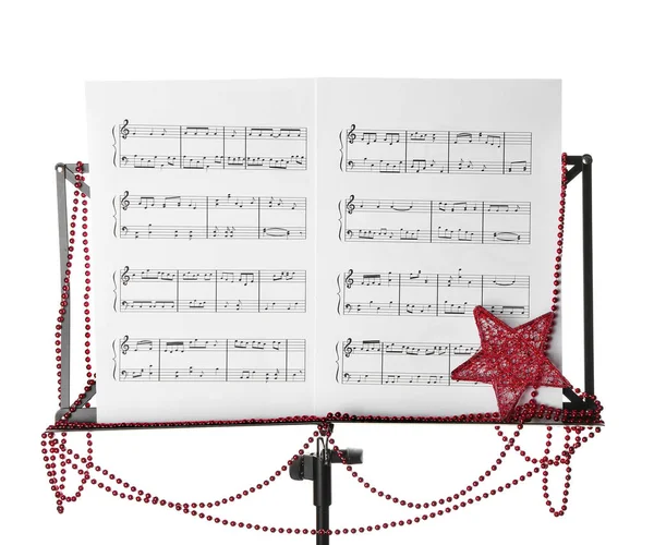 Μουσικά Φύλλα Νότες Και Χριστουγεννιάτικη Διακόσμηση Βάση Λευκό Φόντο — Φωτογραφία Αρχείου