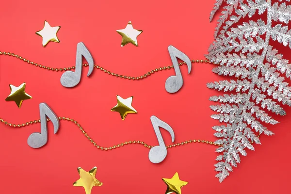 Notas Música Com Decoração Natal Fundo Cor — Fotografia de Stock