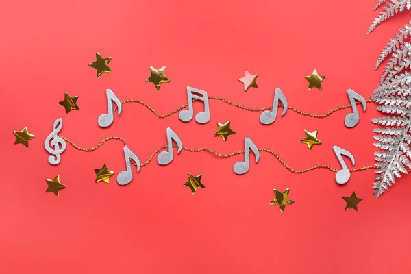 Notas Música Com Decoração Natal Fundo Cor — Fotografia de Stock