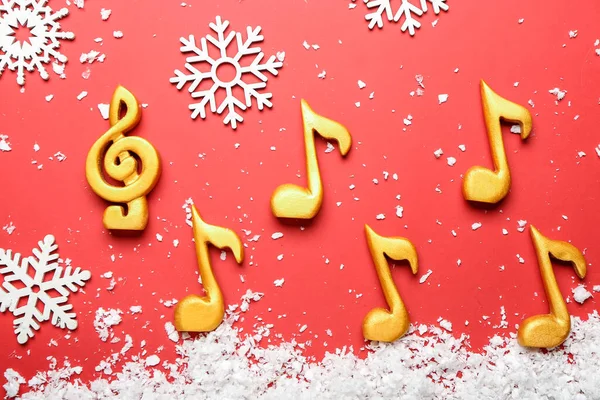 Muziek Notities Met Kerst Decor Kleur Achtergrond — Stockfoto