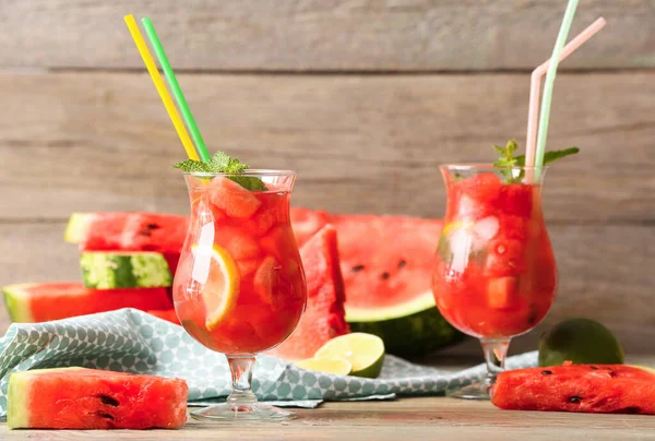 Glasses Tasty Cold Watermelon Lemonade Wooden Table — Stock Photo, Image