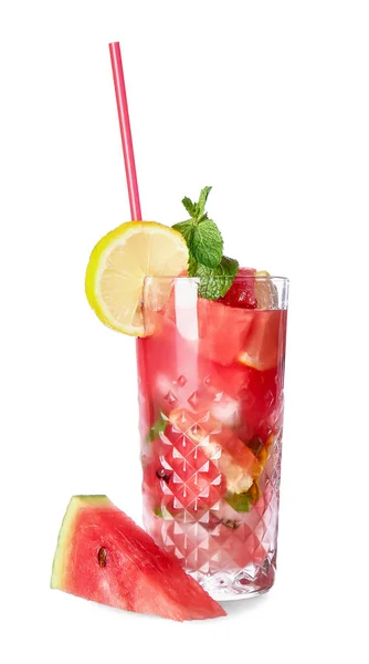 Glas Välsmakande Kall Vattenmelon Lemonad Vit Bakgrund — Stockfoto