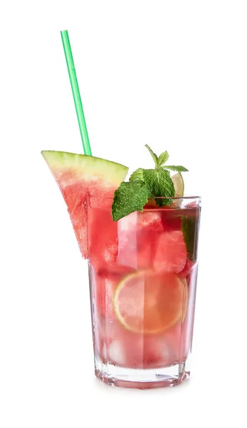 Glas Leckere Kalte Wassermelonen Limonade Auf Weißem Hintergrund — Stockfoto