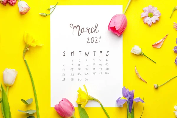 Vackra Våren Blommor Och Kalender Färg Bakgrund — Stockfoto