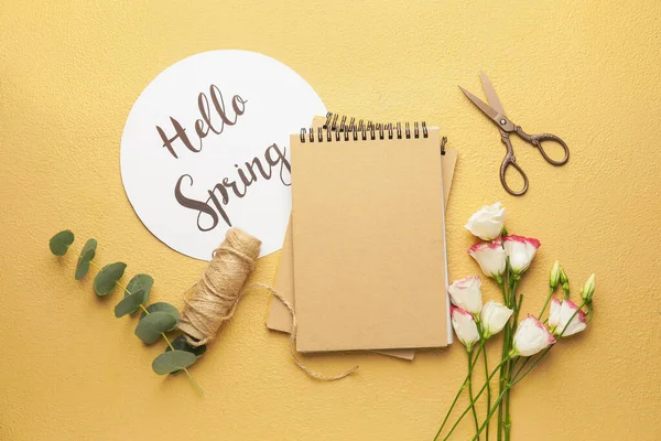 Beautiful Flowers Thread Scissors Card Text Hello Spring Color Background — Stock Photo, Image