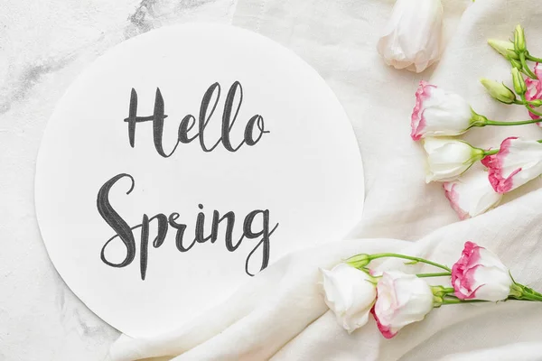 Beautiful Flowers Card Text Hello Spring Light Background — Stock Photo, Image