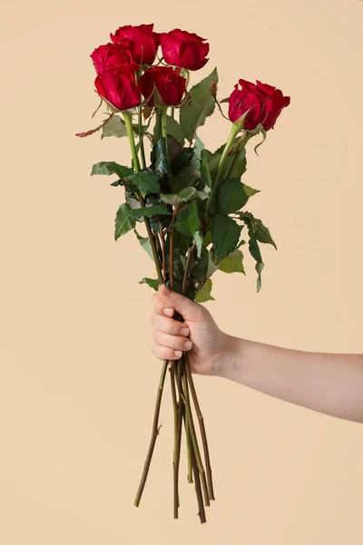 Ruka Kyticí Krásných Růží Barevném Pozadí — Stock fotografie