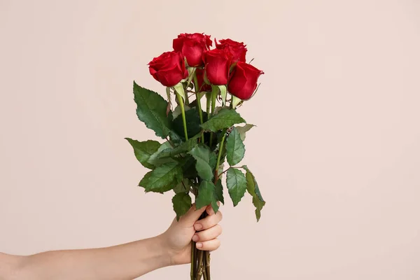 Hand Bouquet Beautiful Roses Color Background — Stock Photo, Image