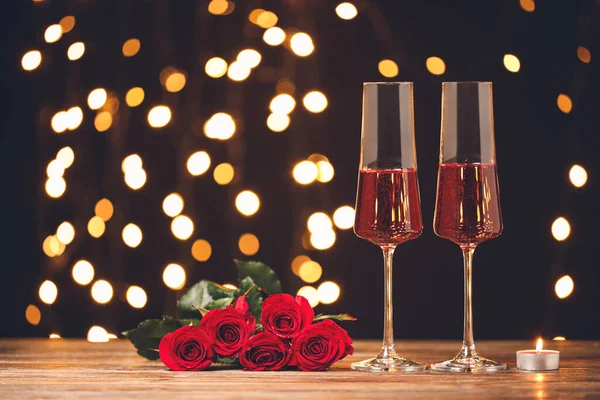 Glasses Champagne Flowers Candle Table Valentine Day Celebration — Stock Photo, Image