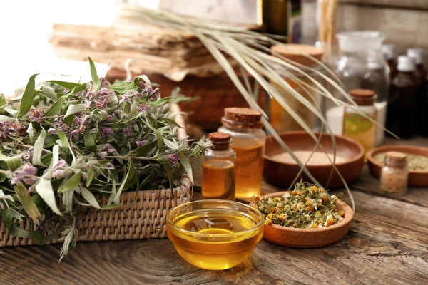 Ingredients Preparing Potions Wooden Background — Stock Photo, Image