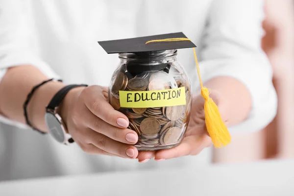 Woman Holding Jar Savings Education Graduation Hat Closeup — Stock Photo, Image