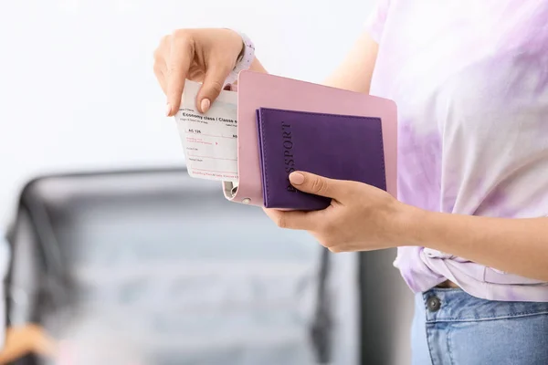 Woman Travel Organizer Passport Indoors — Stock Photo, Image