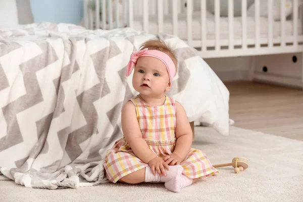 Cute Little Baby Sitting Carpet Home — Stock Photo, Image