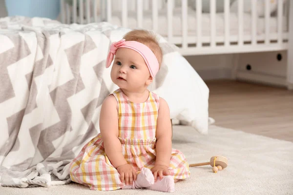 Cute Little Baby Sitting Carpet Home — Stock Photo, Image