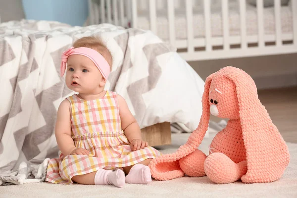 Cute Little Baby Sitting Carpet Home — Stock Photo, Image