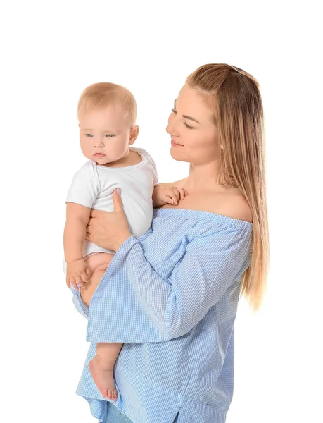 Madre Feliz Con Lindo Bebé Sobre Fondo Blanco — Foto de Stock