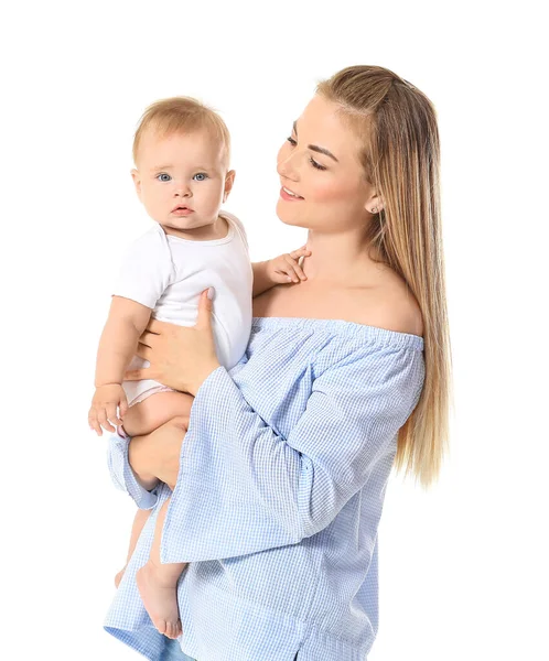 Mère Heureuse Avec Mignon Petit Bébé Sur Fond Blanc — Photo