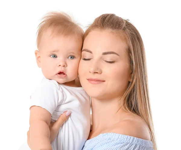 Felice Madre Con Carino Piccolo Bambino Sfondo Bianco — Foto Stock