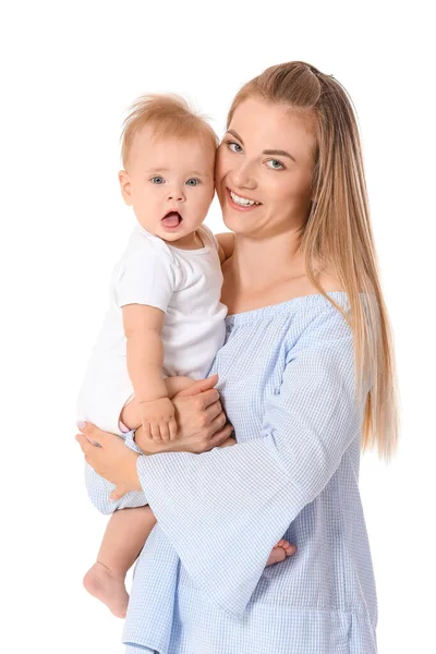 Felice Madre Con Carino Piccolo Bambino Sfondo Bianco — Foto Stock