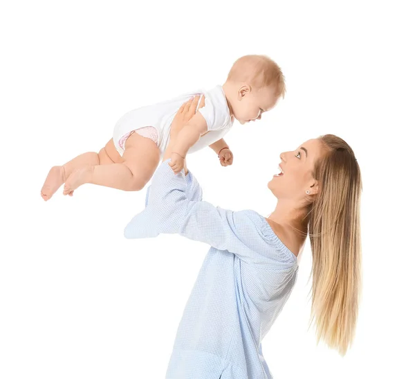 Madre Feliz Con Lindo Bebé Sobre Fondo Blanco — Foto de Stock