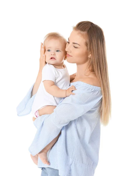 Mãe Feliz Com Bebê Pequeno Bonito Fundo Branco — Fotografia de Stock