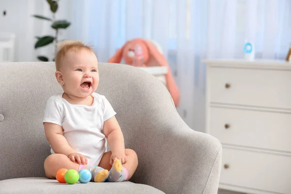 Cute Little Baby Sitting Armchair Home — Stock Photo, Image