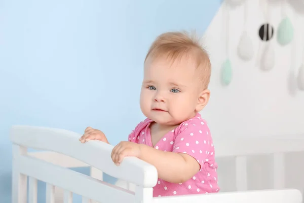 Cute Little Baby Standing Crib Home — Stock Photo, Image