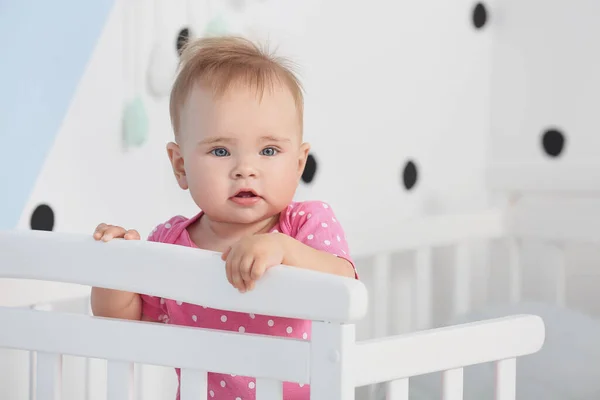 Cute Little Baby Standing Crib Home — Stock Photo, Image