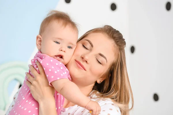 Happy Mother Cute Little Baby Home — Stock Photo, Image