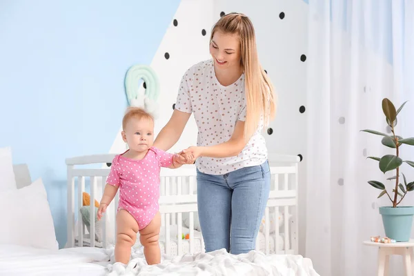 Happy Mother Cute Little Baby Home — Stock Photo, Image